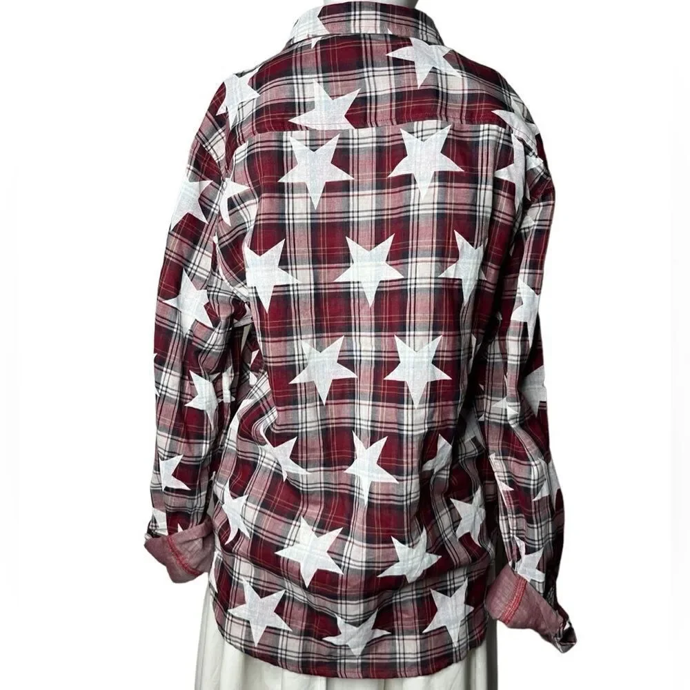 Mostly Heard Rarely Seen Star Plaid Button Down Shirt Red & White Size Large